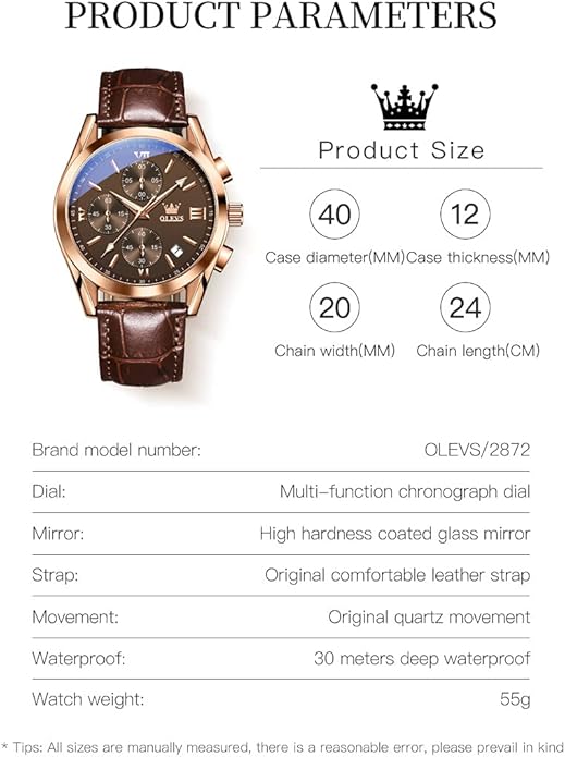 Men's Watches Brown Leather with Date,Casual Watches for Men,Large Face Watches Men,Chronograph Mens Watch,Sport Waterproof Business Dress