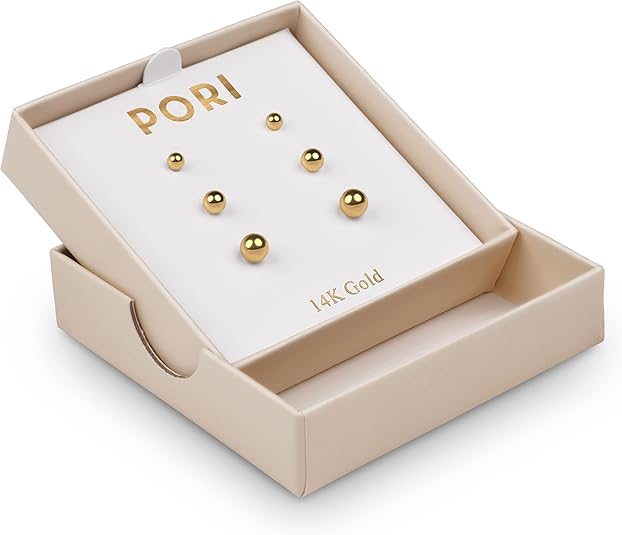 14K Solid Gold Ball Stud Earrings (3-Pair-Pack) 3MM 4MM and 5MM - Choose a Color