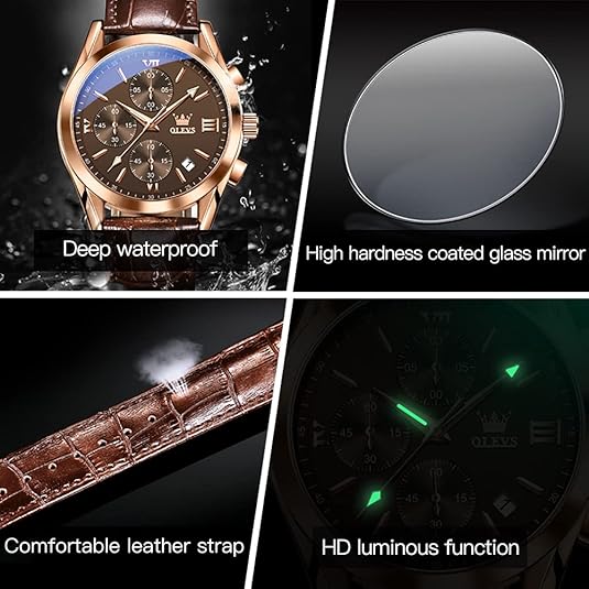 Men's Watches Brown Leather with Date,Casual Watches for Men,Large Face Watches Men,Chronograph Mens Watch,Sport Waterproof Business Dress