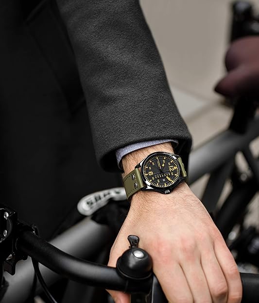 Original Mens Leather Watch -Aviation Watch, Quick-Set Day-Date Leather Band with Steel Rivets,
