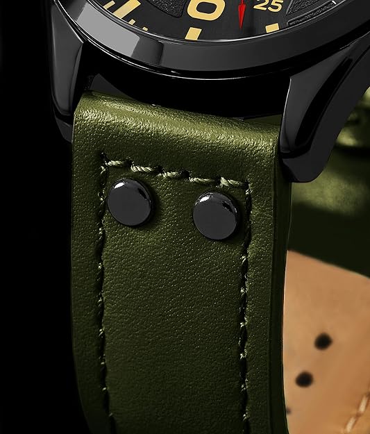Original Mens Leather Watch -Aviation Watch, Quick-Set Day-Date Leather Band with Steel Rivets,