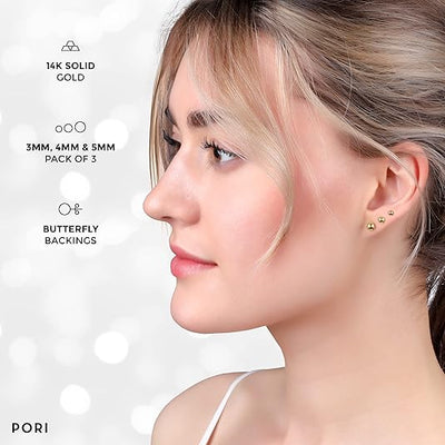 14K Solid Gold Ball Stud Earrings (3-Pair-Pack) 3MM 4MM and 5MM - Choose a Color