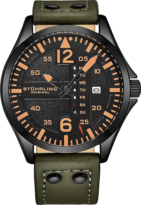 Original Mens Leather Watch -Aviation Watch, Quick-Set Day-Date Leather Band with Steel Rivets,