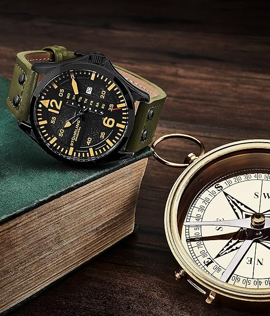 Original Mens Leather Watch -Aviation Watch, Quick-Set Day-Date Leather Band with Steel Rivets,